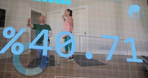 Mature couple exercising at home with augmented reality fitness overlay, blue analytics hud
