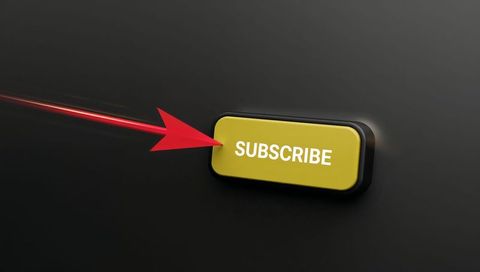 Red arrow targeting yellow subscribe button on dark matte background for bold cta graphics