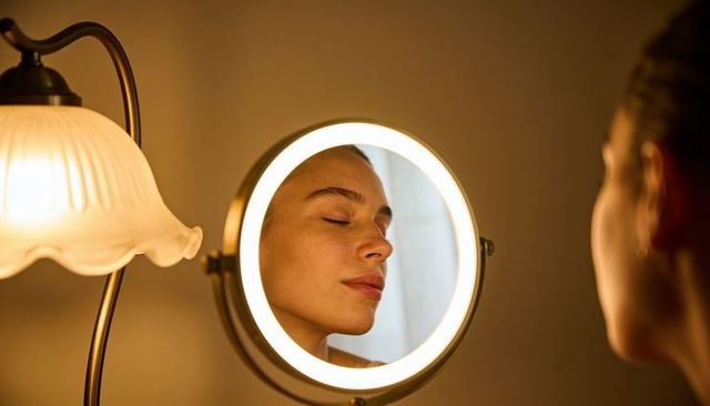 Gazing woman reflecting in ring-lit vanity mirror, relaxing evening skin care ritual