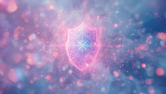 Neon Pink Floral Shield amidst Glowing Digital Space