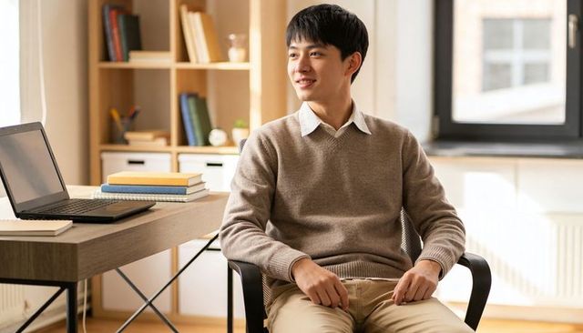 Young asian man working at minimalist home office desk with laptop and books