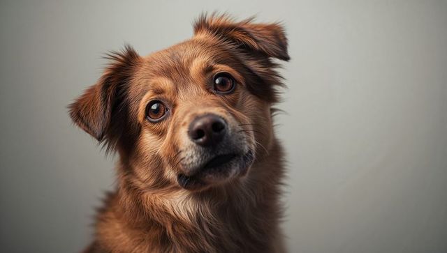 Curious red-brown dog tilting head, soft-lit studio portrait showing expressive brown eyes
