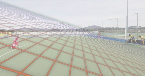 Field hockey players positioning on turf in pink and yellow kits with angled grid overlay