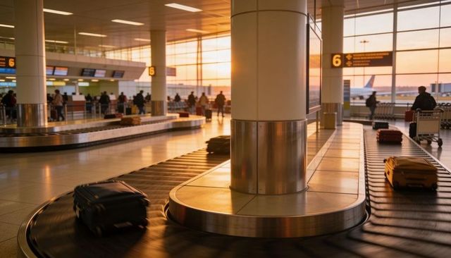 Sunset airport baggage carousel moving suitcases through modern terminal with travelers