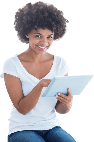 Smiling Woman Using Tablet on Transparent Background for Digital Communication