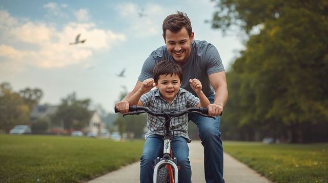 Father Teaching Son to Ride Bike on Suburban Park Path, Smiling and Guiding Confidently