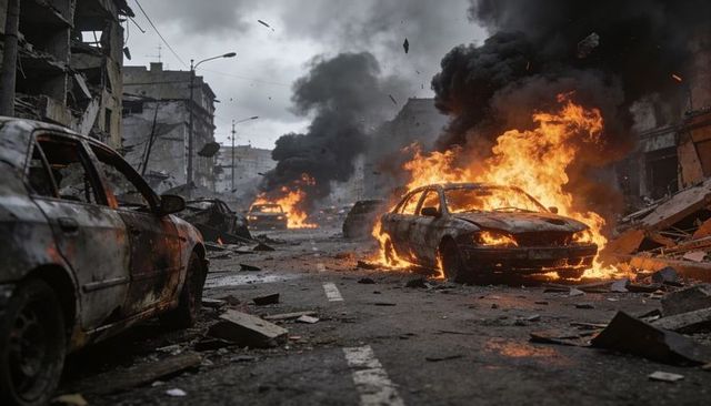 Burning sedan on rubble-filled urban street with thick black smoke and widespread ruin