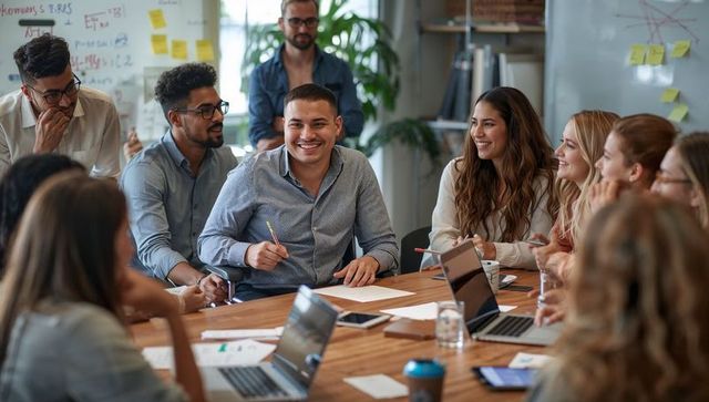 Smiling team leader holding pencil leading collaborative brainstorming around conference table