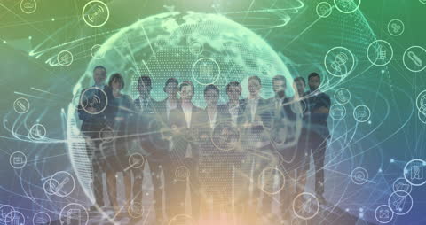 Global Business Team with Digital Data Overlay