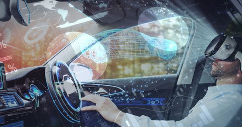 Caucasian Businessman Using VR Headset in Car with Data Overlay