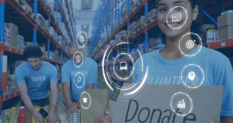 Smiling Volunteer Holding Donate Sign in Busy Warehouse with Digital HUD Overlays
