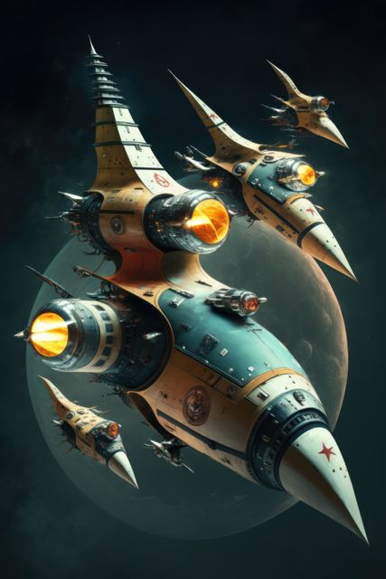 Image depicts futuristic spaceships flying in space with a moon in the background. Ideal for illustrating sci-fi stories, space exploration concepts, futuristic technology themes, or adventure in outer space. Suitable for websites, book covers, posters, or educational materials related to science fiction and space.