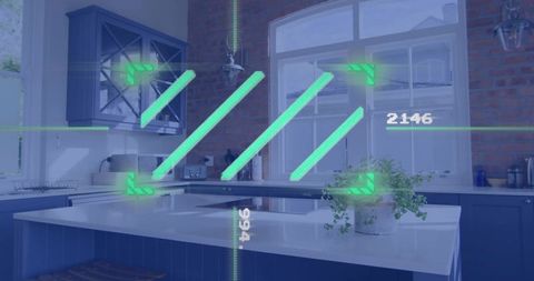 Scanning kitchen island with ar hud overlay in modern farmhouse interior with navy cabinetry