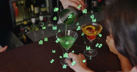 Mixologist pouring iconic cocktails with data analytics