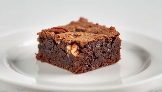 Fudgy chocolate brownie square with walnut pieces on white plate close-up dessert