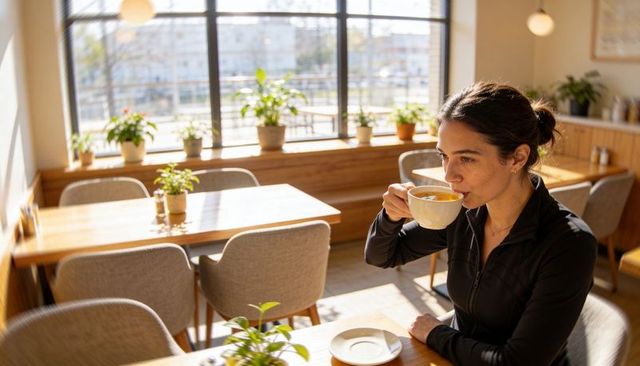 Woman sipping coffee in sunny cafe with animated steam showing origin tags for marketing