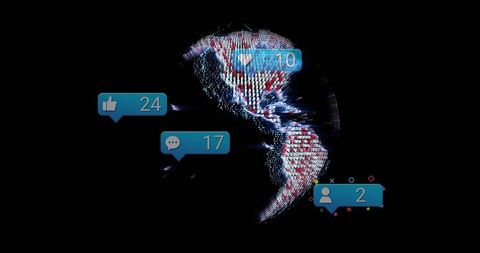 Pixelated globe with social media metrics overlaid