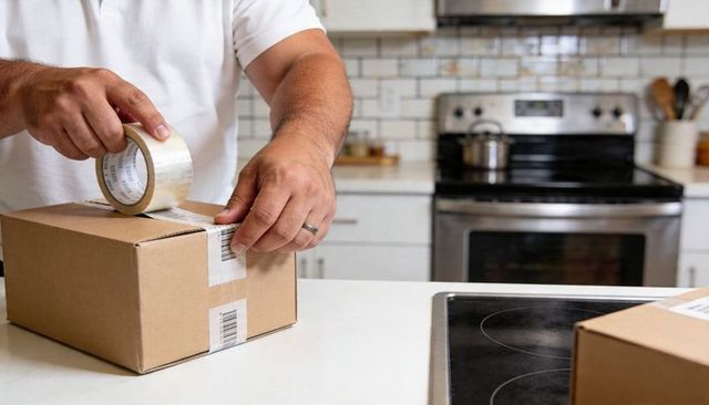 Man Sealing Cardboard Parcel with Clear Tape on Kitchen Countertop