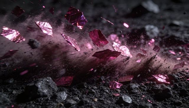 Shattering magenta shards skimming over gravel, kicking up dust and metallic sparks