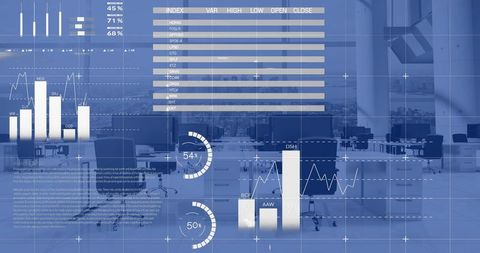 Financial Data Interface in Modern Office with Overlays