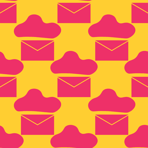 Seamless pattern transparent background pink clouds and mail envelopes