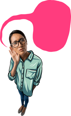 Transparent illustration of woman with pink speech bubble for communication ideas