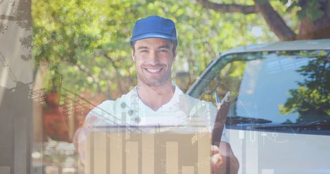 Smiling Courier Delivering Box Amidst Financial Data Overlay