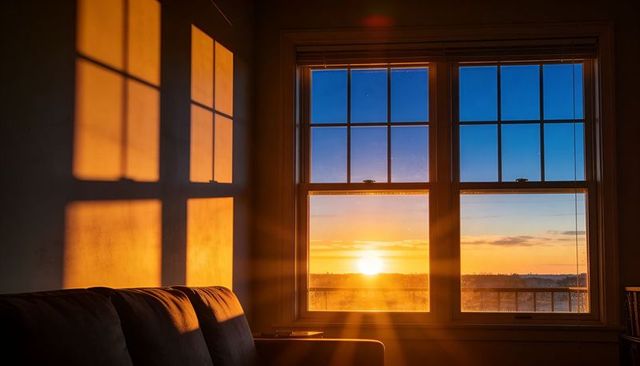 Golden sunbeams streaming through double-hung window casting warm grid shadows on sofa