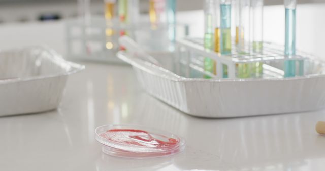 Petri dish with red substance placed on white surface with test tubes blurred in background, indicating a science laboratory setting. Useful for concepts related to scientific research, biology, chemistry experiments, medical analysis, and clinical studies in health and science industries.