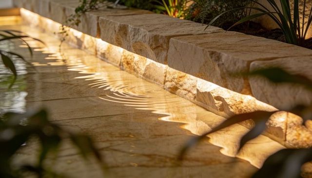 Warm led ledge lighting creating scalloped ripples on stone courtyard pool at dusk
