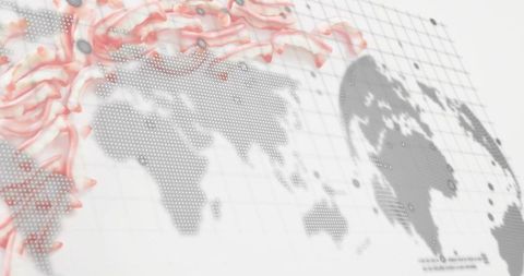 Abstract dotted world map with flowing red ribbons and digital globe overlay