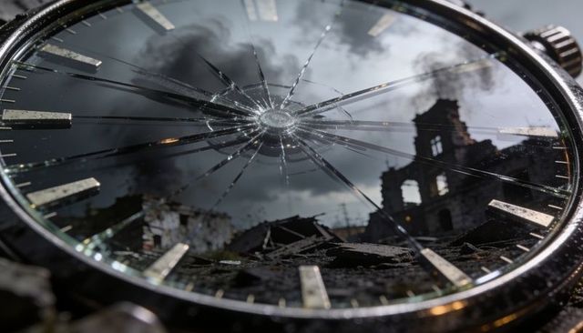 Cracked watch crystal reflecting war-torn city ruins and stormy sky, time concept