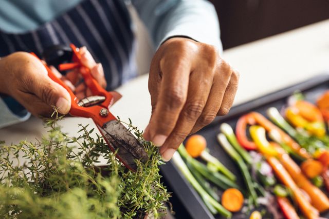 Cropped hands of biracial mature woman cutting rosemary herb from plant growing in kitchen. Gardening, unaltered, food, organic, preparation, home, retirement and sustainable lifestyle concept.
