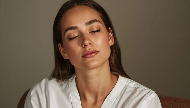 Serene young woman closing eyes in soft light headshot wearing white collared blouse