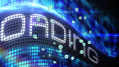 Digital data symbols and loading text over blue grid background