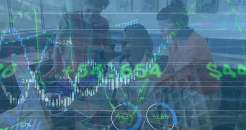 Young Professionals Analyzing Data with VR Overlay