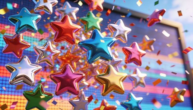 Floating metallic stars celebrating colorful confetti on led stage with glossy reflections