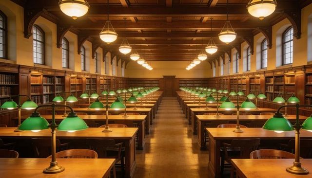 Historic library with symmetrical rows of wooden study tables and classic green banker lamps