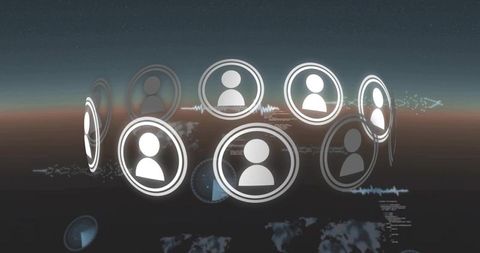 Glowing avatar network hovering over curved horizon with waveform links and futuristic hud