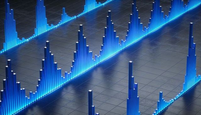 Glowing Blue Histogram Peaks on Reflective Tiled Grid with Neon Waveform Perspective