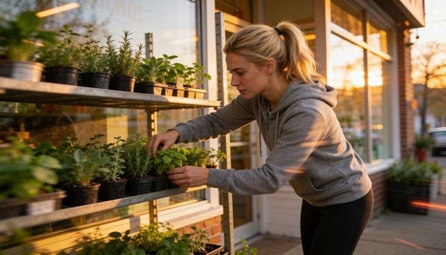 Young woman tending potted herbs on storefront rack in golden hour urban gardening
