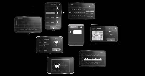 Futuristic digital interfaces and data processing screens