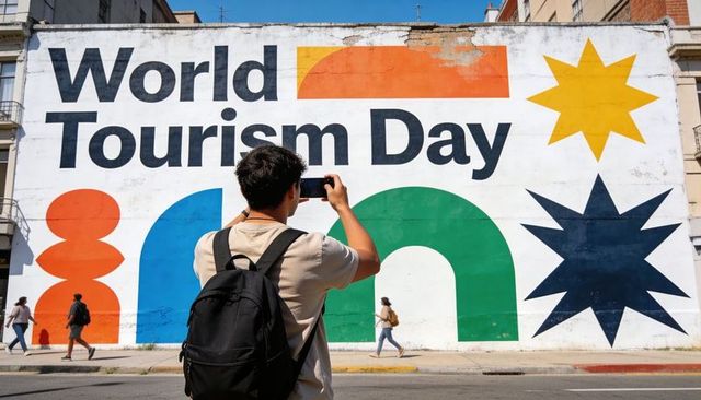 Male tourist capturing world tourism day mural with smartphone, urban backpack travel