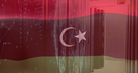 Libya Flag Overlay on Digital Data Servers for Cyber Technology Concept