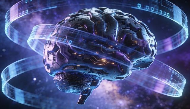 Floating cybernetic brain with glowing circuitry and holographic data ribbons in cosmos