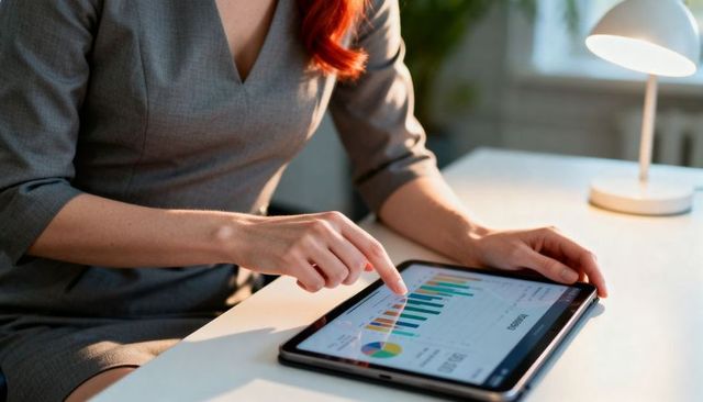 Businesswoman tapping tablet displaying colorful charts and financial analytics at desk