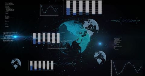 Orbiting teal globe holographic hud with data charts and network nodes for visualization