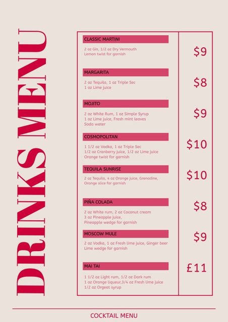 Image displays a stylish drinks menu on a beige background with red typography. Ideal for use by bars, restaurants, and cafés to showcase their drink offerings. Can be used for menu design inspirations or digital advertisements promoting cocktail specials.