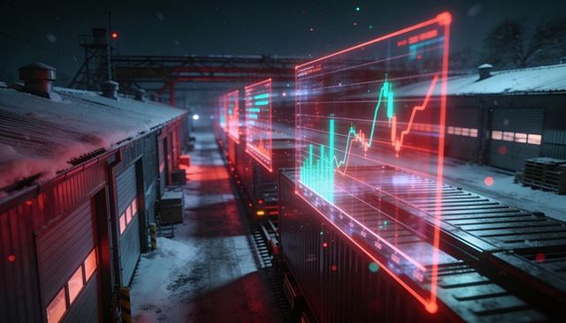 Holographic financial charts projecting above shipping containers on snowy rail terminal