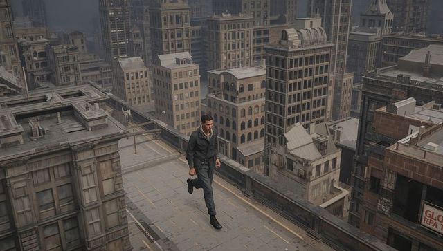Man walking briskly on rooftop walkway above hazy urban skyline, cinematic city scene